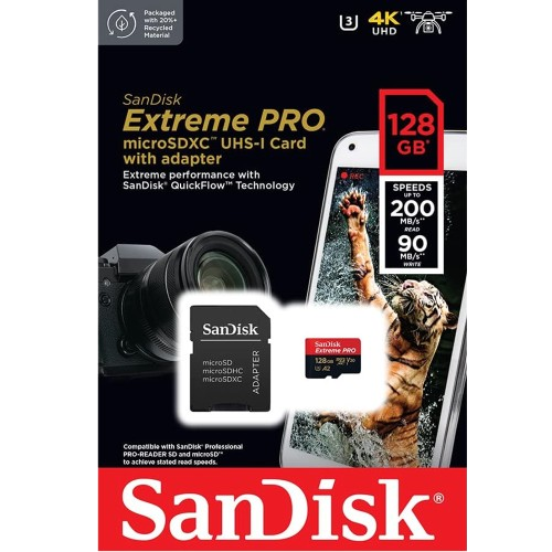 SanDisk 128GB Extreme PRO® microSD™ UHS-I Card with Adapter C10, U3, V30, A2, 200MB/s Read 90MB/s Write SDSQXCD-128G-GN6MA