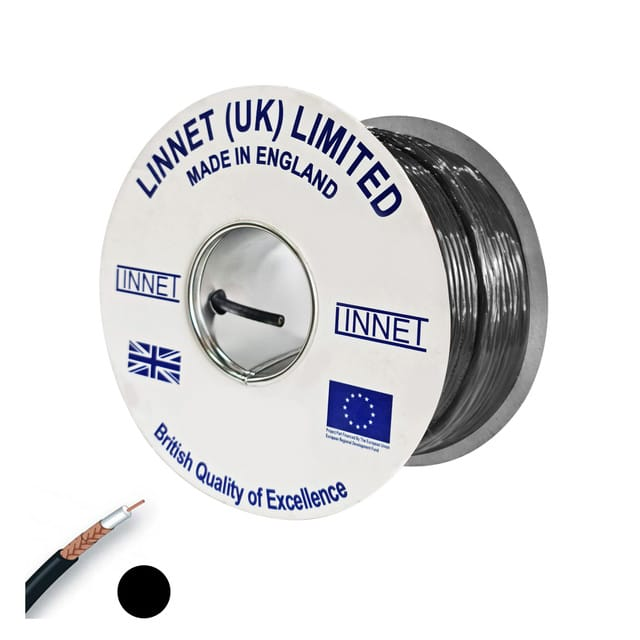 English Coaxial Satellite Cable 75 Ohm Impedance - Black, 150 Meters